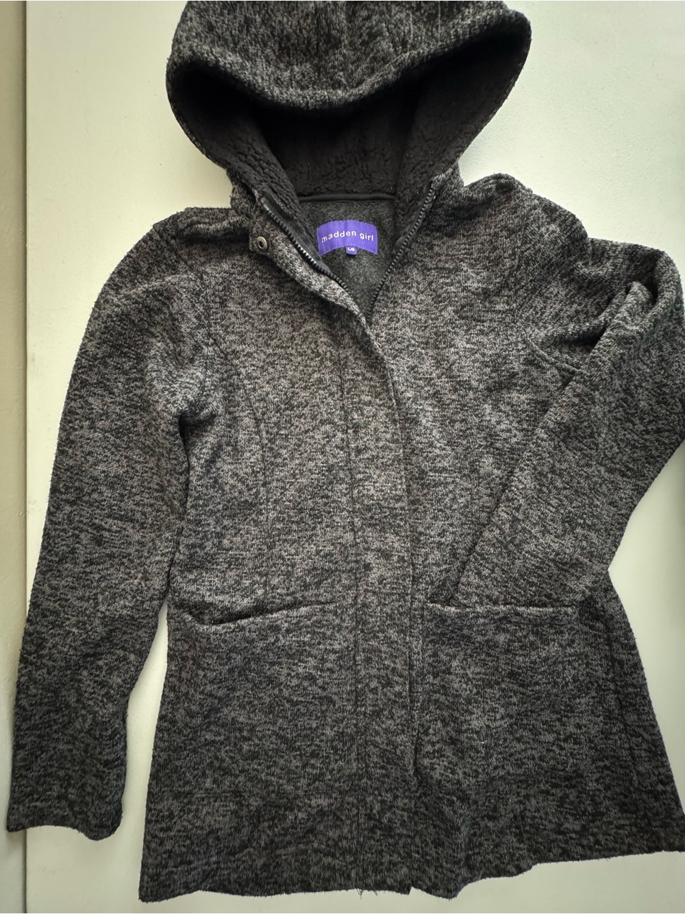 Madden Girl Hooded Long Teddy Cardigan Jacket - Charcoal